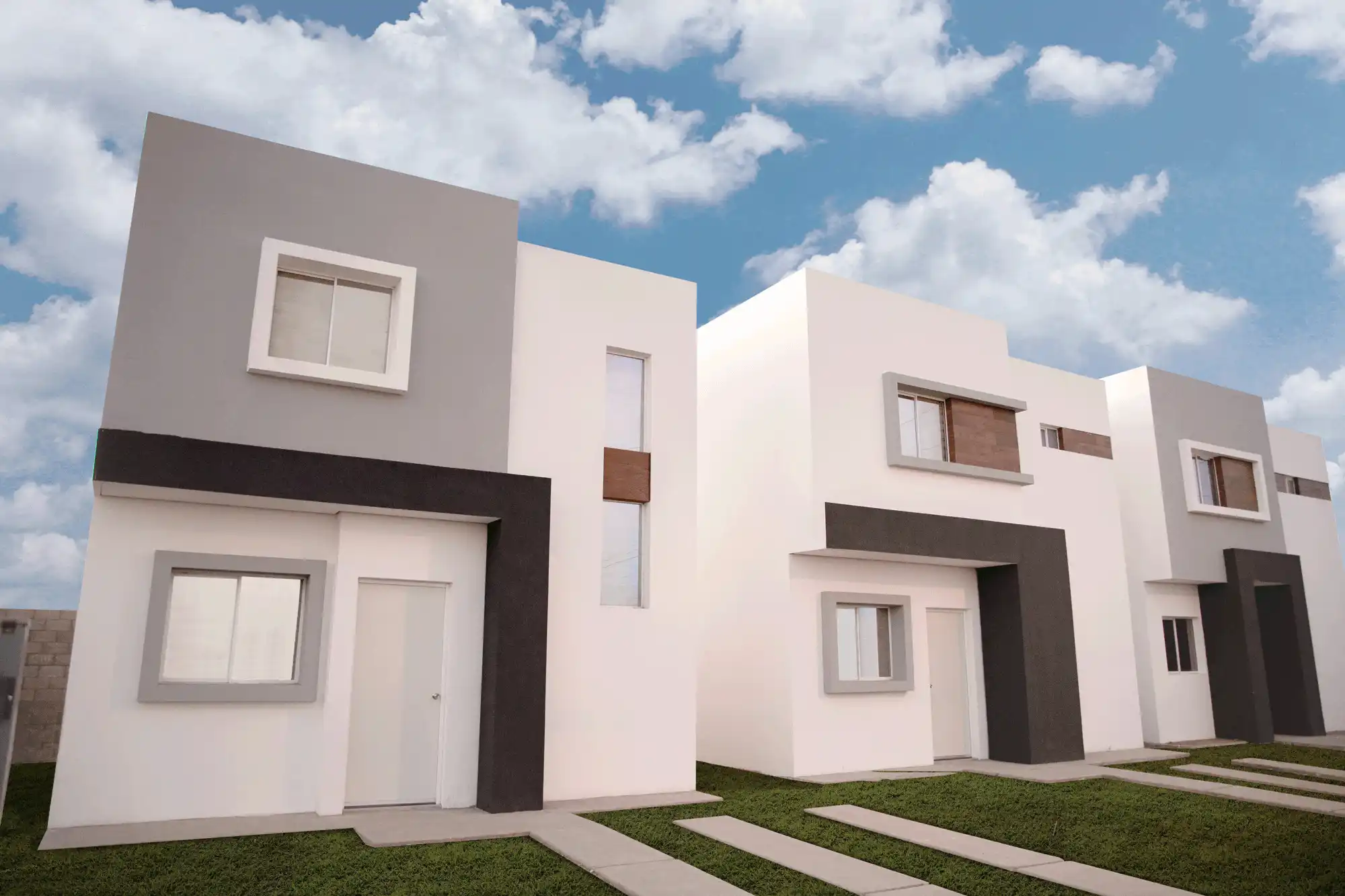 Fila de casas modernas de dos pisos con fachadas en colores neutros, como blanco, gris y negro.